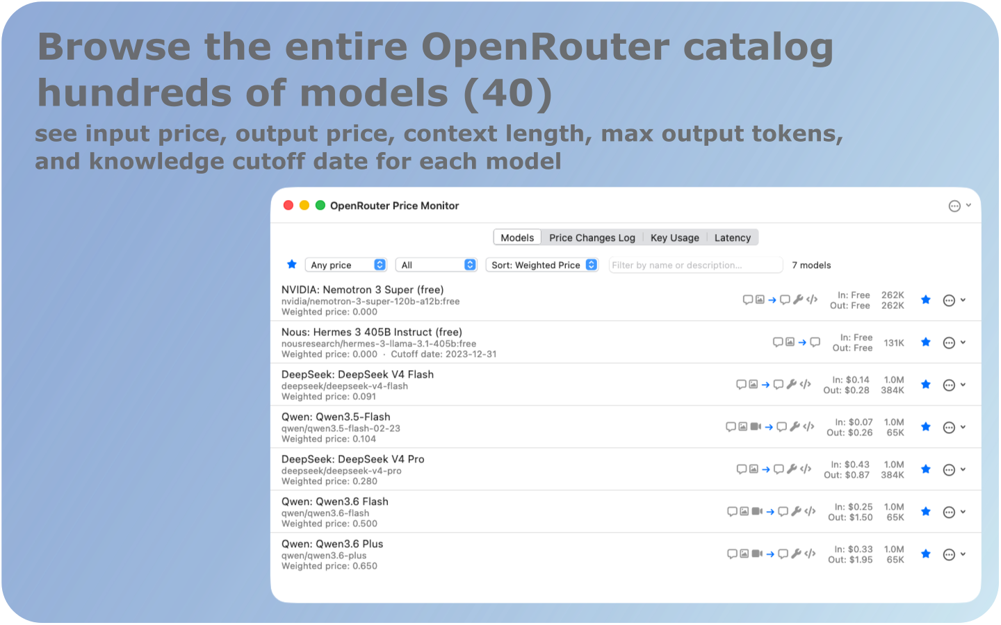 OpenRouter Price Monitor — Models list showing AI model prices and filters